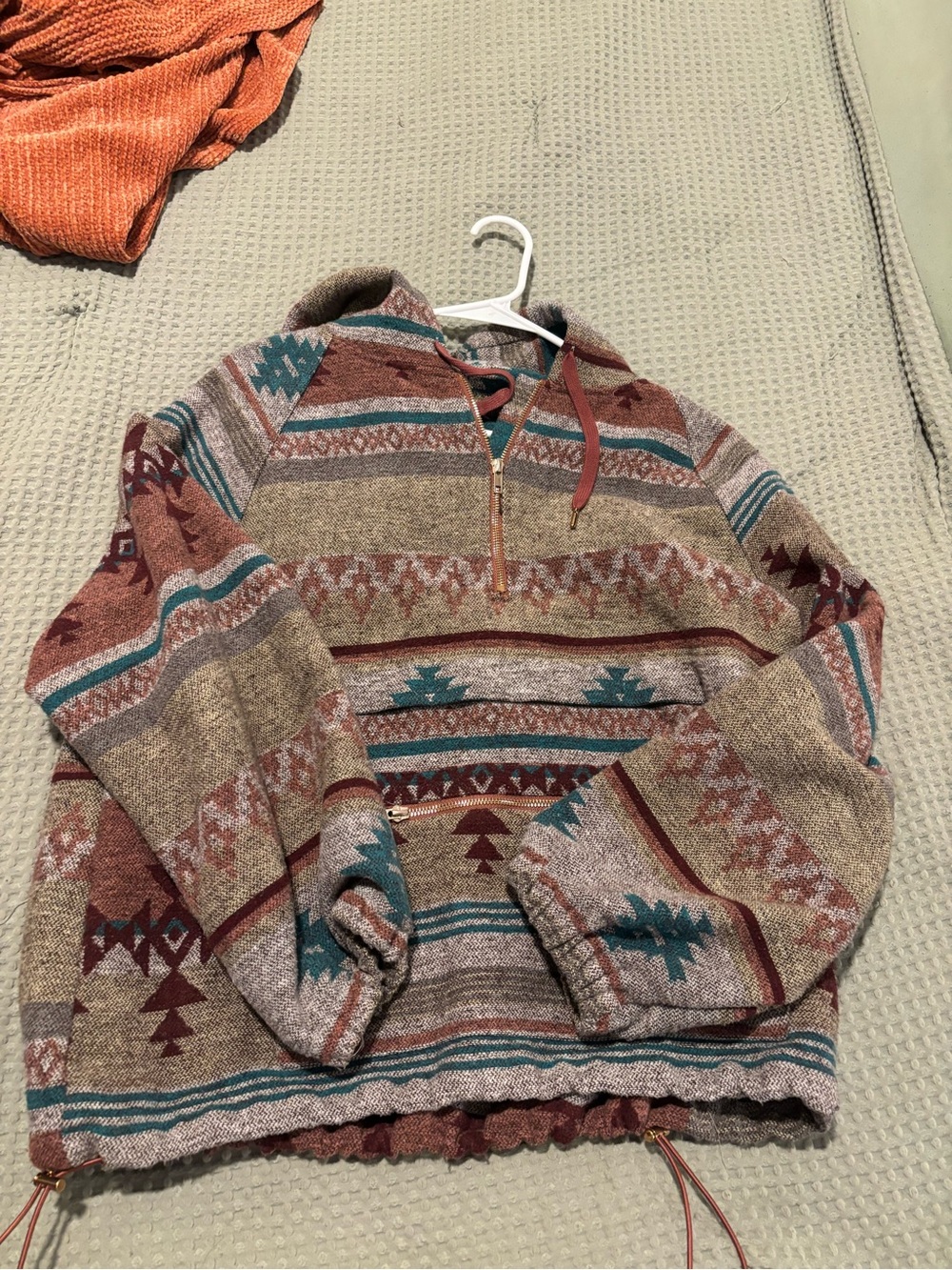 Main Strip Teal and Rust Patterned Half-Zip Hoodie Sweater